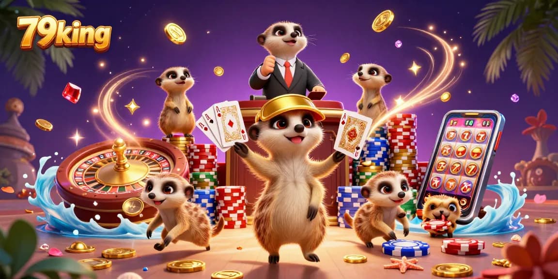 Join the fun at 79king's vibrant casino with meerkat dealers, chips, and rolling jackpots!
