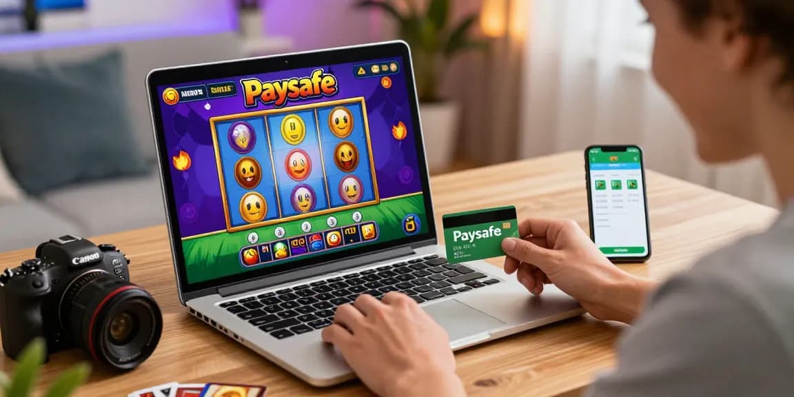 Spieler genießt eine Gaming-Session in einem Paysafe Card Casino mit Laptop, Smartphone und stimmungsvollem Licht.