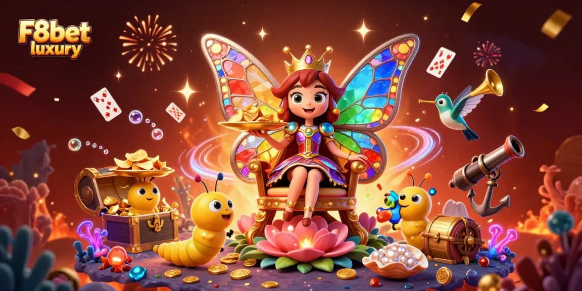 Experience the vibrant and colorful world of F8bet luxury as the butterfly queen presides over a majestic gambling scene.