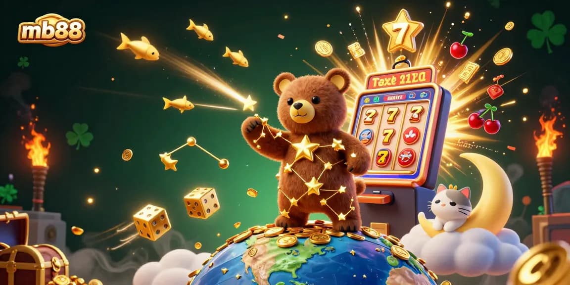 Engage with mb88’s exciting casino games featuring a vibrant constellation bear, slot machine, and enchanting elements in a dynamic scene.