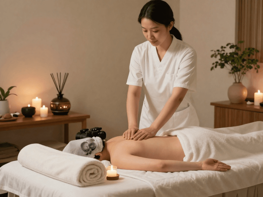 Relaxing massage therapy room showcasing 부천출장안마 ambiance with calming colors and essential oils.