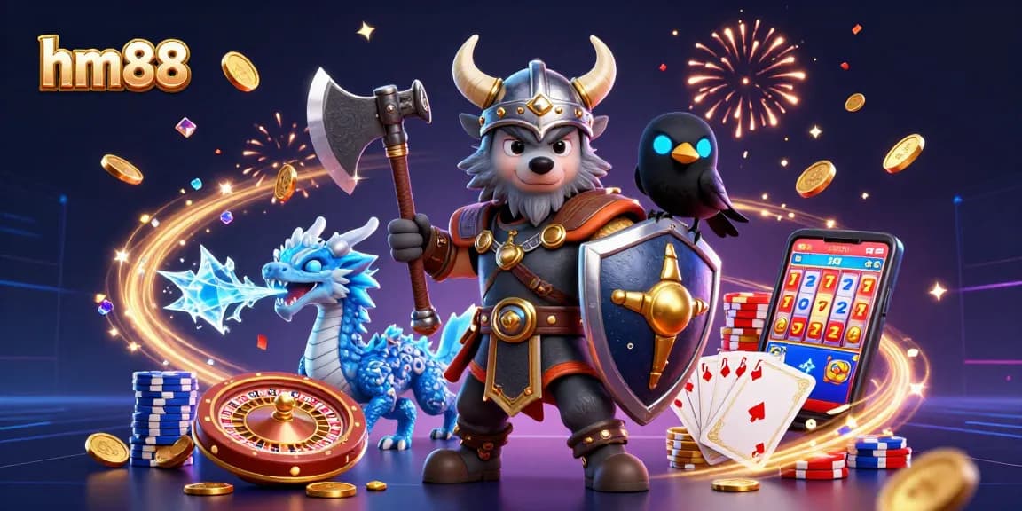Win big with hm88 at an exciting online casino featuring a Viking warrior and enchanting dragon.