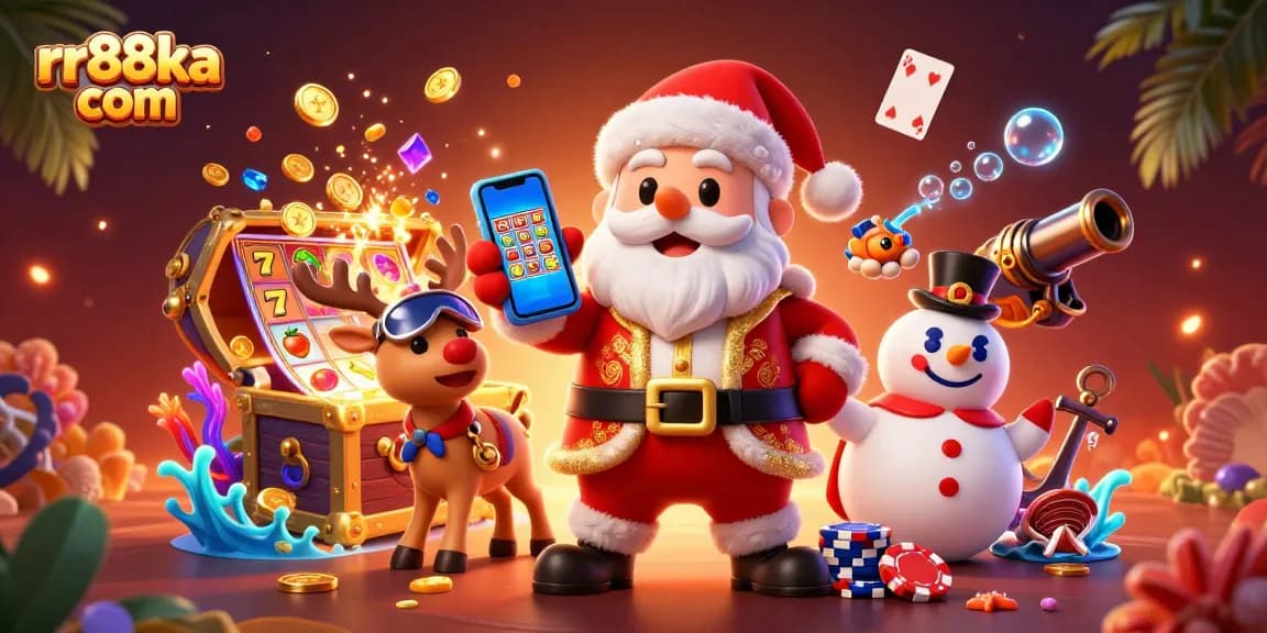 Engage in lucrative gaming thrills at rr88ka com with Santa Claus and festive companions in a vibrant casino scene.