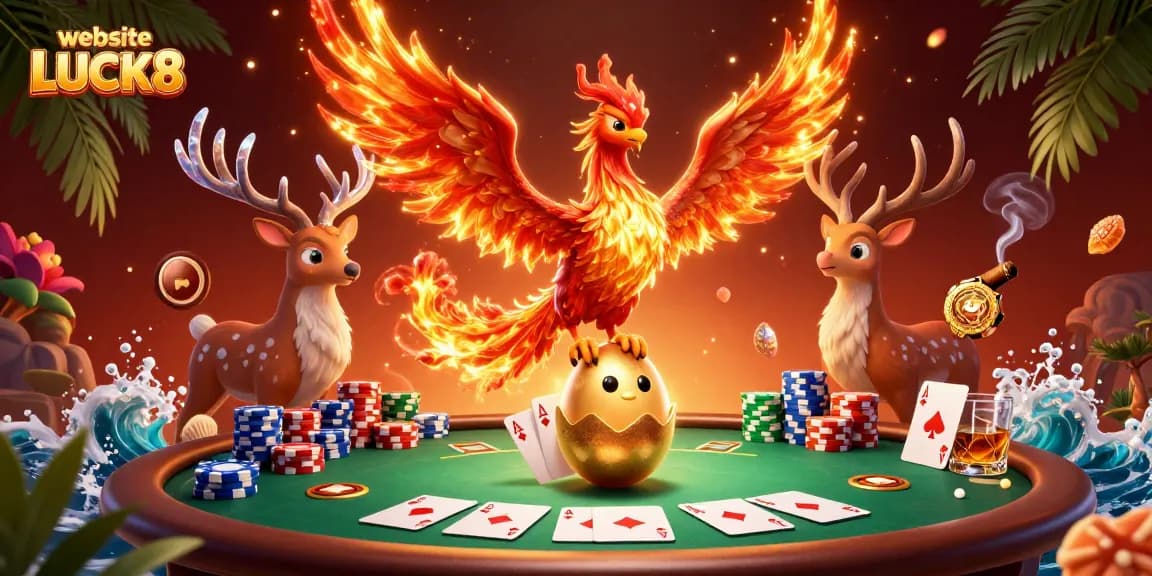 Engage with the exciting world of website LUCK8 featuring a phoenix and a poker scene.