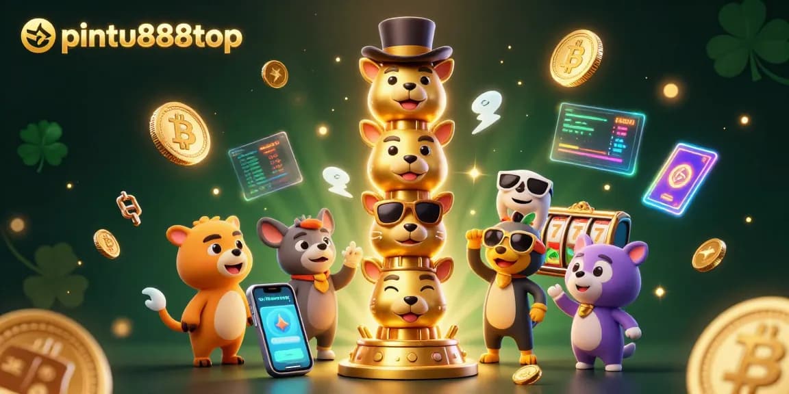 Play exciting games at pintu888top, illustrated in a vibrant, casino-themed 3D scene filled with animated characters.