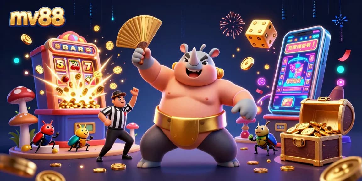 Experience thrilling gameplay with mv88 as a beetle champion and a cricket referee surround the jackpot slot machine.