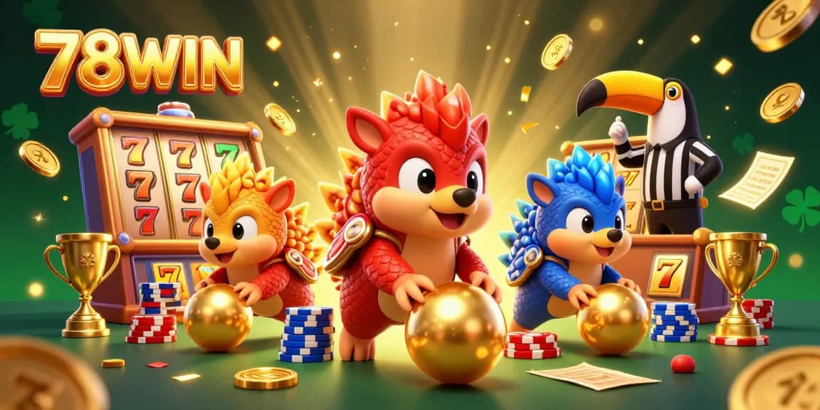 Experience 78WIN's exciting casino atmosphere with vibrant pangolins competing amidst slot reels and golden coins.
