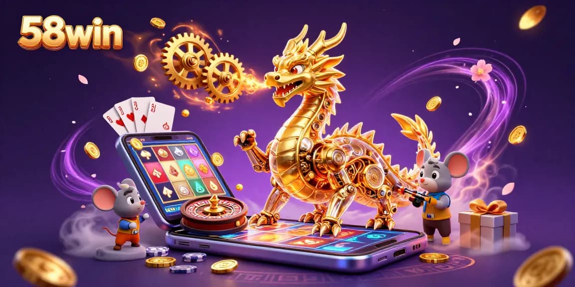 Experience vibrant action with the golden dragon at 58win, amid colorful slots and treasures.
