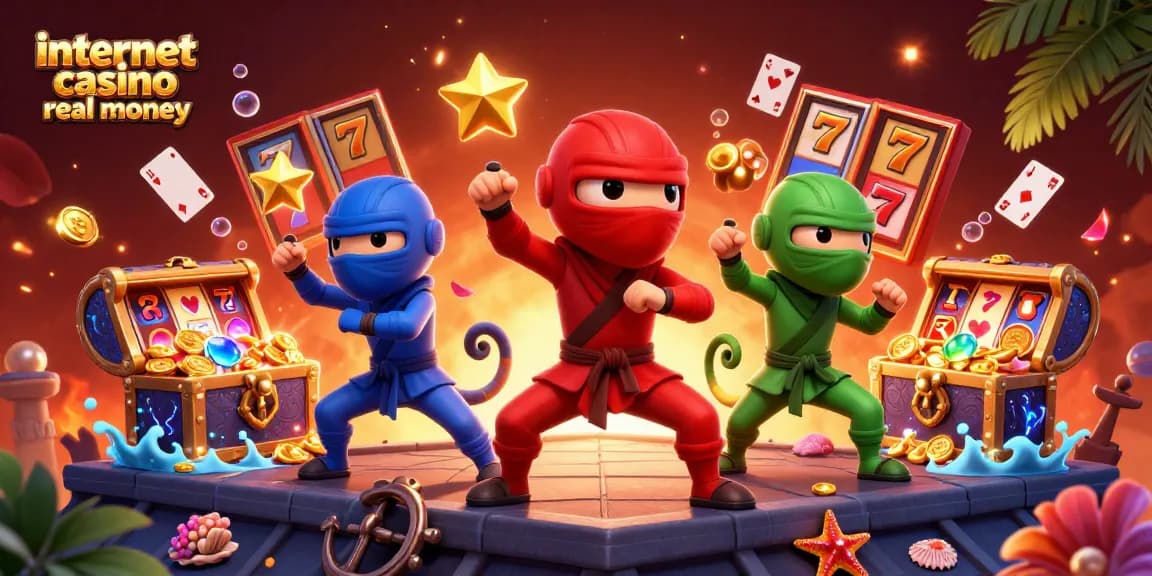 Experience the action of internet casino real money with a vibrant 3D illustration of ninja chameleons battling for fortune.
