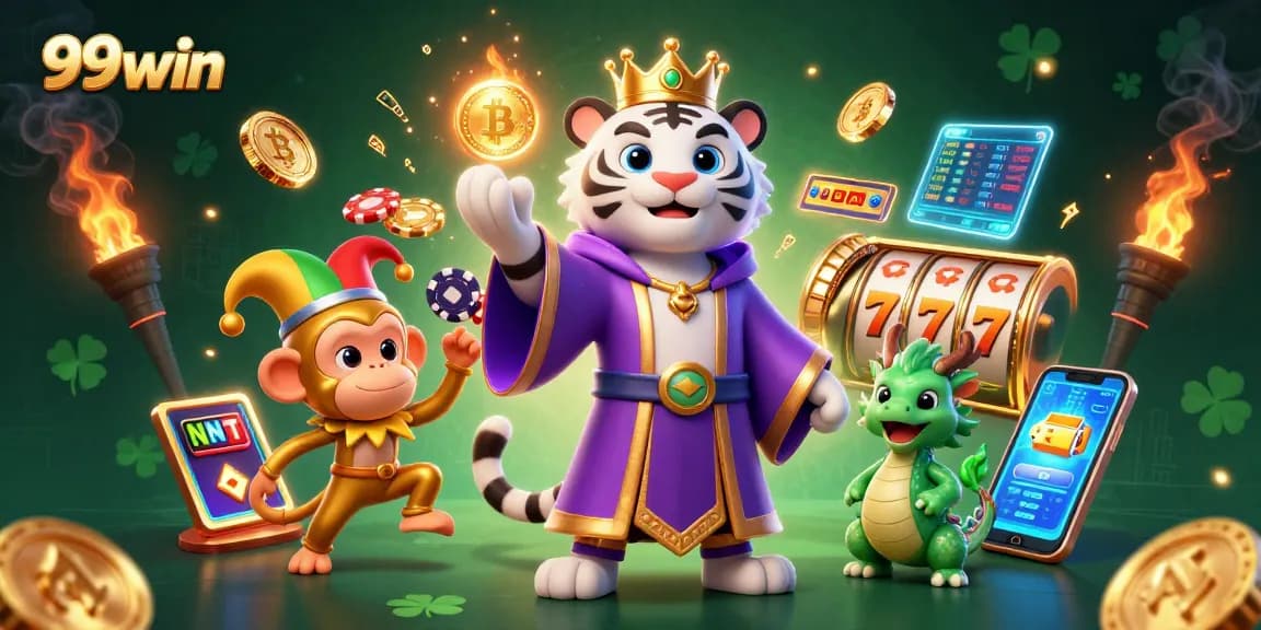 Experience the excitement of 99win with vivid casino elements and characters bringing luck!