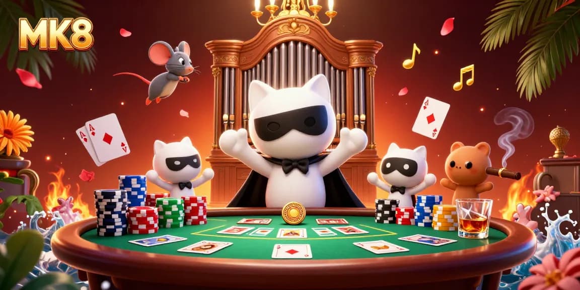 Experience thrilling MK8 casino games with a majestic cat, acrobatic mouse, and vibrant poker elements.