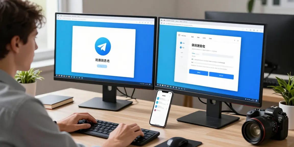 在现代办公环境中，用户在桌面计算机上使用Telegram中文界面，展示汉化设置过程。
