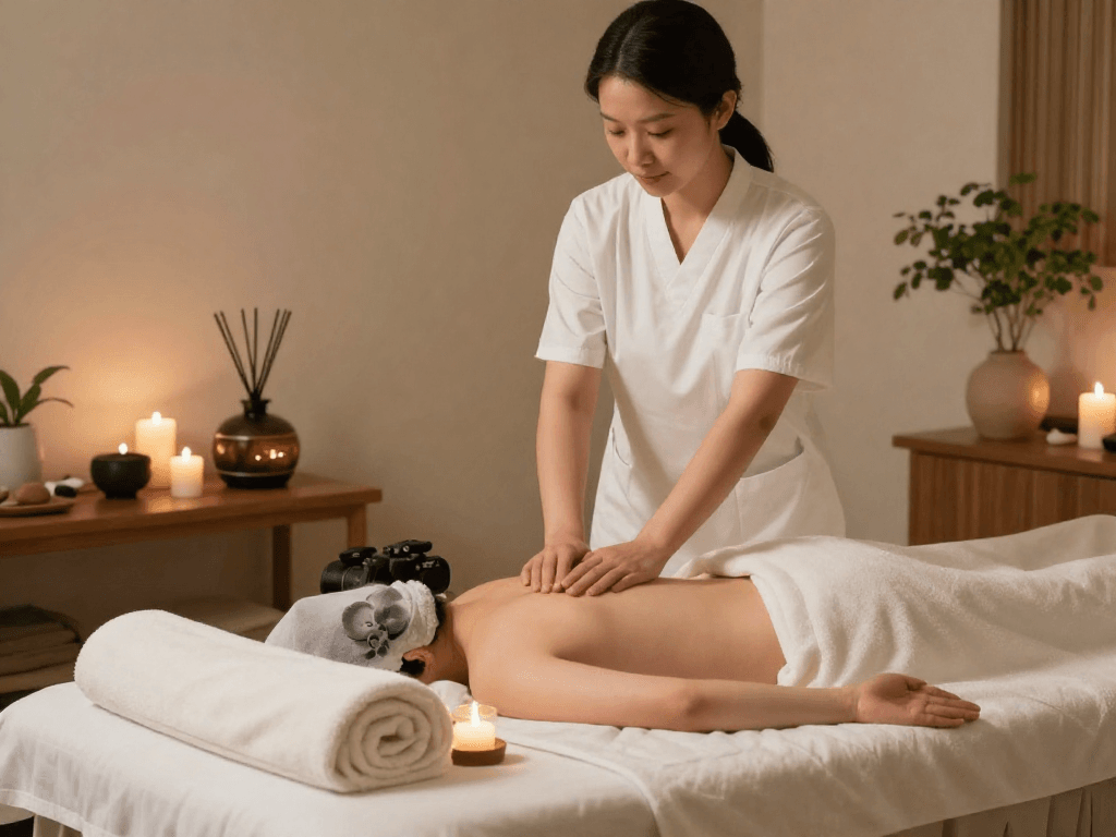 Relaxing massage therapy room showcasing 부천출장안마 ambiance with calming colors and essential oils.