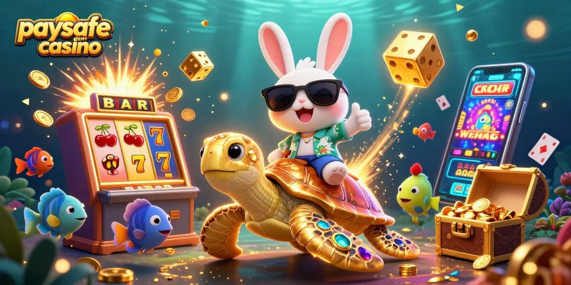 Erleben Sie Spaß in einem Paysafe Card Casino mit einem glücklichen Hasen und einer goldenen Schildkröte, umgeben von Spielautomaten.