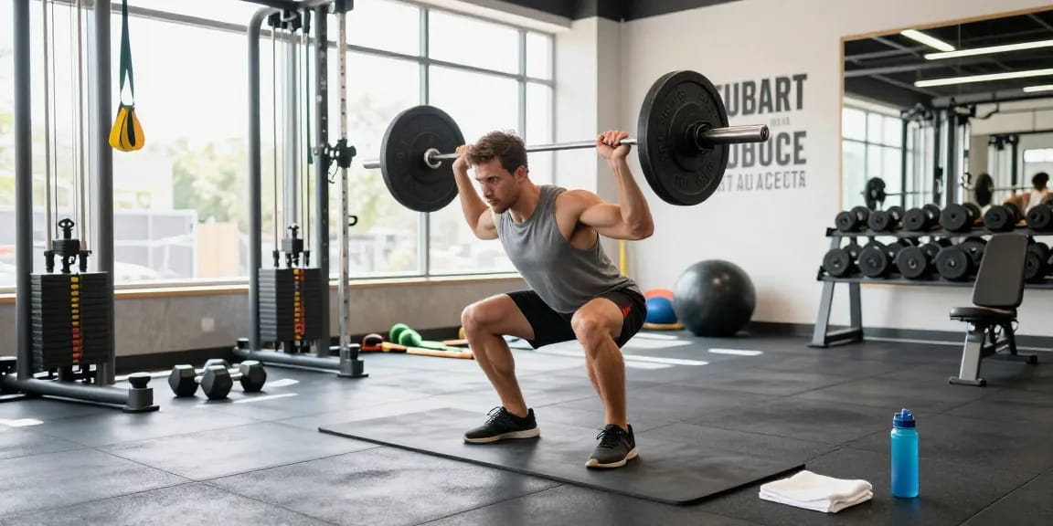 Aktiver Athlet im Selliza Shop mit Gewichten im modernen Fitnessstudio