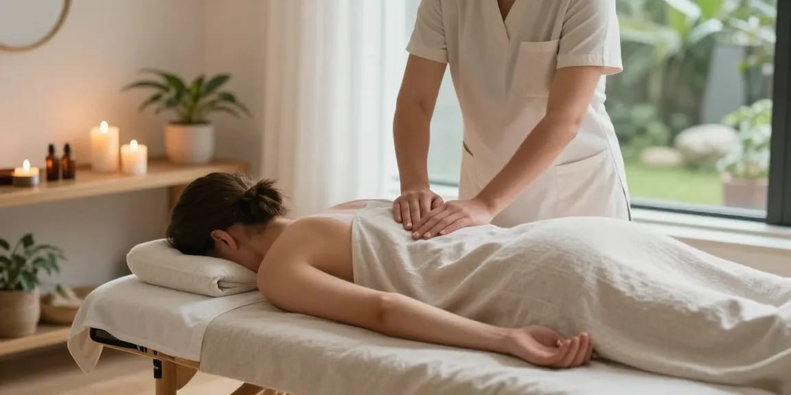 의정부출장안마 at a serene home massage setting with professional therapist preparing Swedish massage.