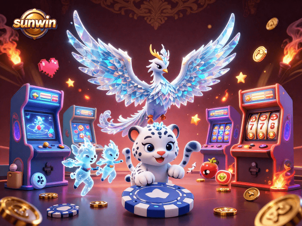 Join the excitement at sunwin with vibrant casino-themed 3D illustration featuring magical characters.