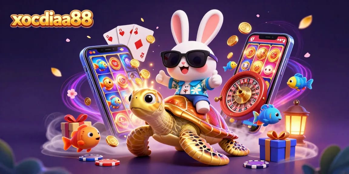 Xocdiaa88 features a cheerful rabbit on a golden turtle, celebrating casino wins with vibrant gaming elements.