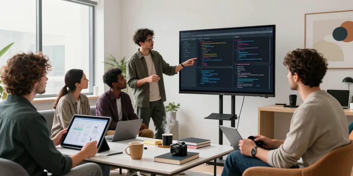 Developers collaborating at https://sc88.chat/ in a vibrant co-working lounge.