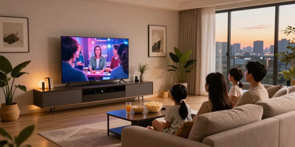 Family enjoying movie night on a mini LED TV in a cozy living room, showcasing vibrant visuals and warm atmosphere.