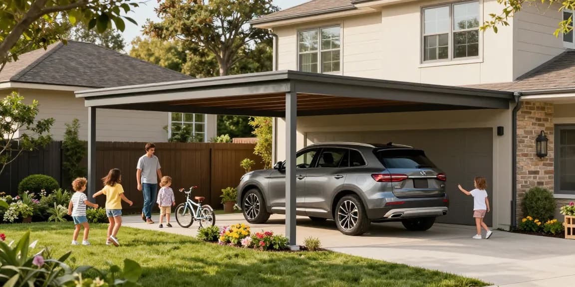 Carport bietet Schatten für SUV in einer modernen Wohnumgebung, Familienleben genießen.