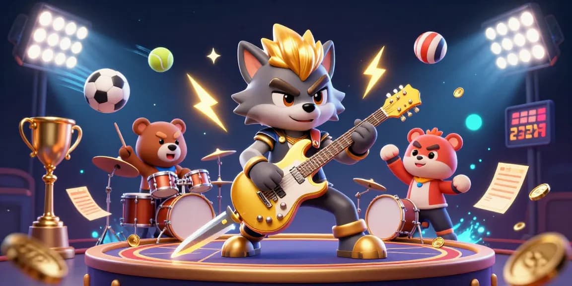 Experience the vibrant action of Sin88 nhà cái with a wolf rock star and a drummer bear on a lively casino stage.