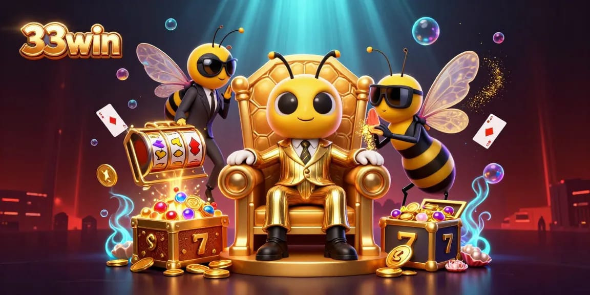 Engage with 33win's vibrant casino scene featuring a bumblebee mob boss and dynamic gambling elements.