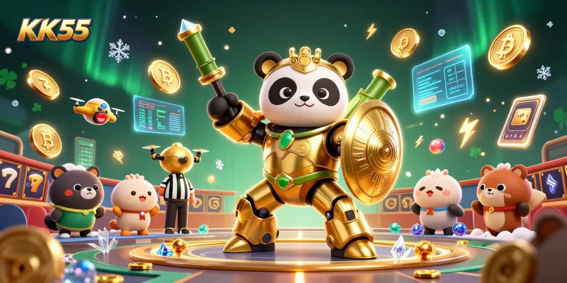 Experience thrilling gameplay at KK55 with a dynamic 3D illustration of a golden panda in a casino showdown.