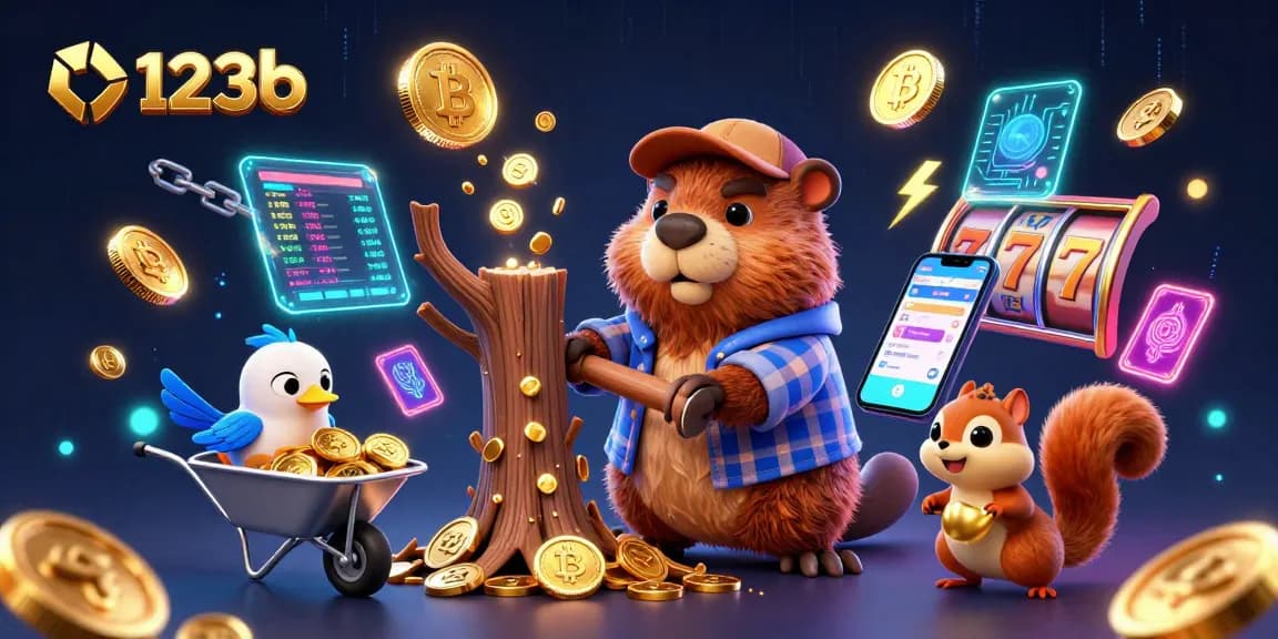 Witness the excitement of 123b's casino with lively characters and cryptocurrency elements in action.