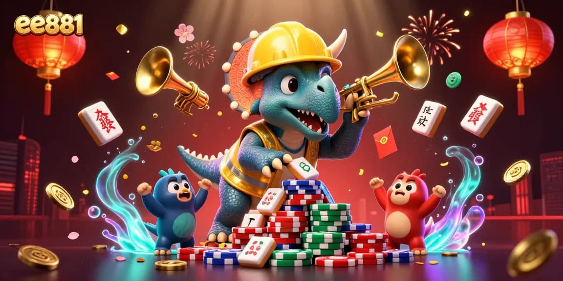 ee881 celebrates victories with a triceratops building poker chip towers amidst festive elements.