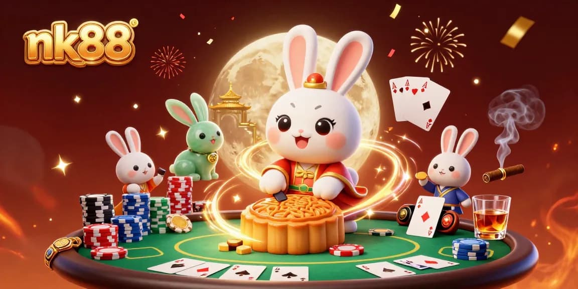 Join the moon rabbit in folklore style as nk88 poker chips crack from mooncakes in a vibrant casino scene.