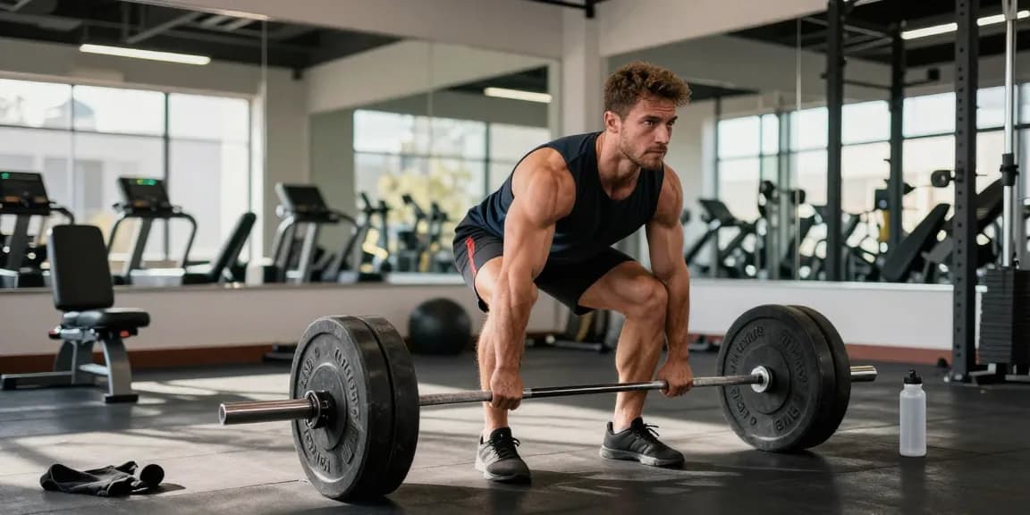 Anabolika Shop: Bodybuilder hebt Gewichte im modernen Fitnessstudio, motivierende Trainingsumgebung mit Sonnenlicht.
