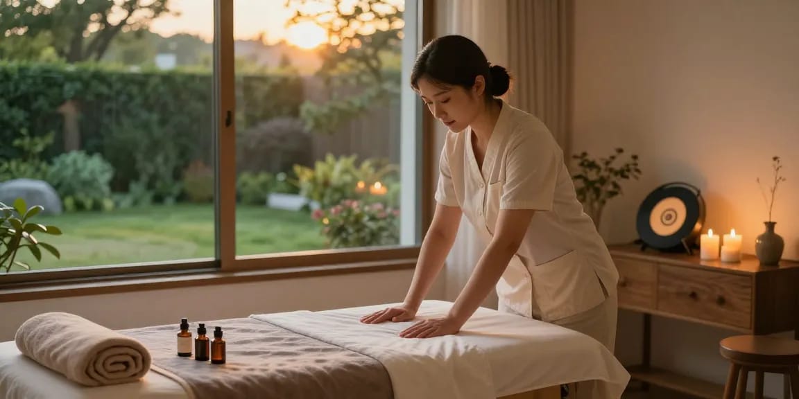 Relaxing home environment for 판교출장안마 with therapist preparing for a soothing massage session, highlighting calming ambiance and personalized care.