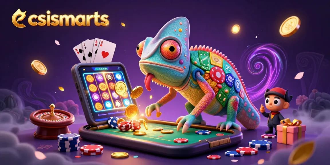 Engage with csismarts casino adventure featuring a lively chameleon owner and vibrant game elements.