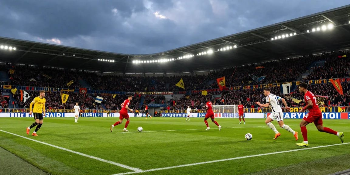 Fußball Deutschland in voller Aktion während eines spannenden Bundesliga-Spiels mit spielenden Teams und jubelnden Fans.