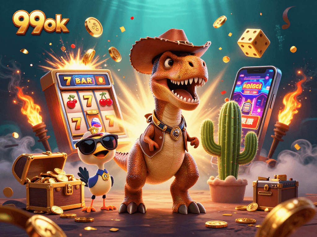 Play thrilling games at 99ok and experience massive slot jackpots with an animated dinosaur!