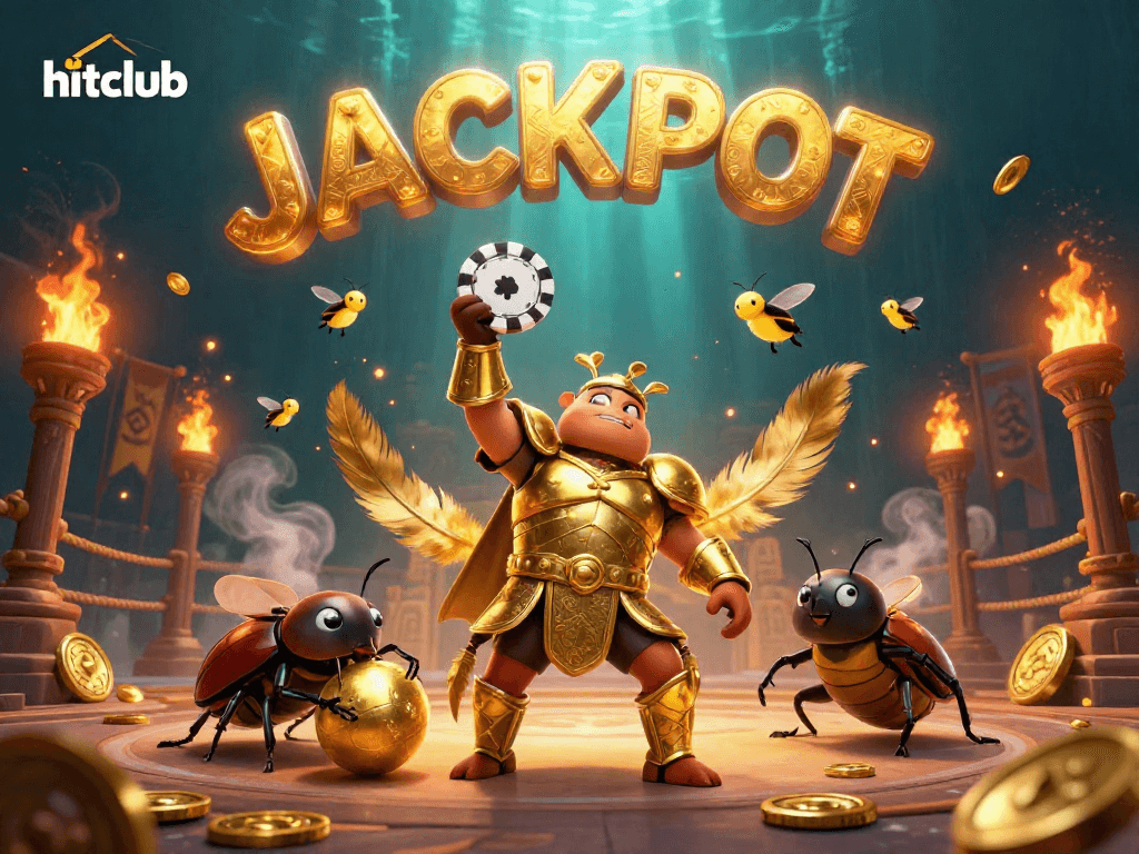 Hitclub champions celebrate a big win with a jackpot illustration showcasing a victorious beetle in armor.