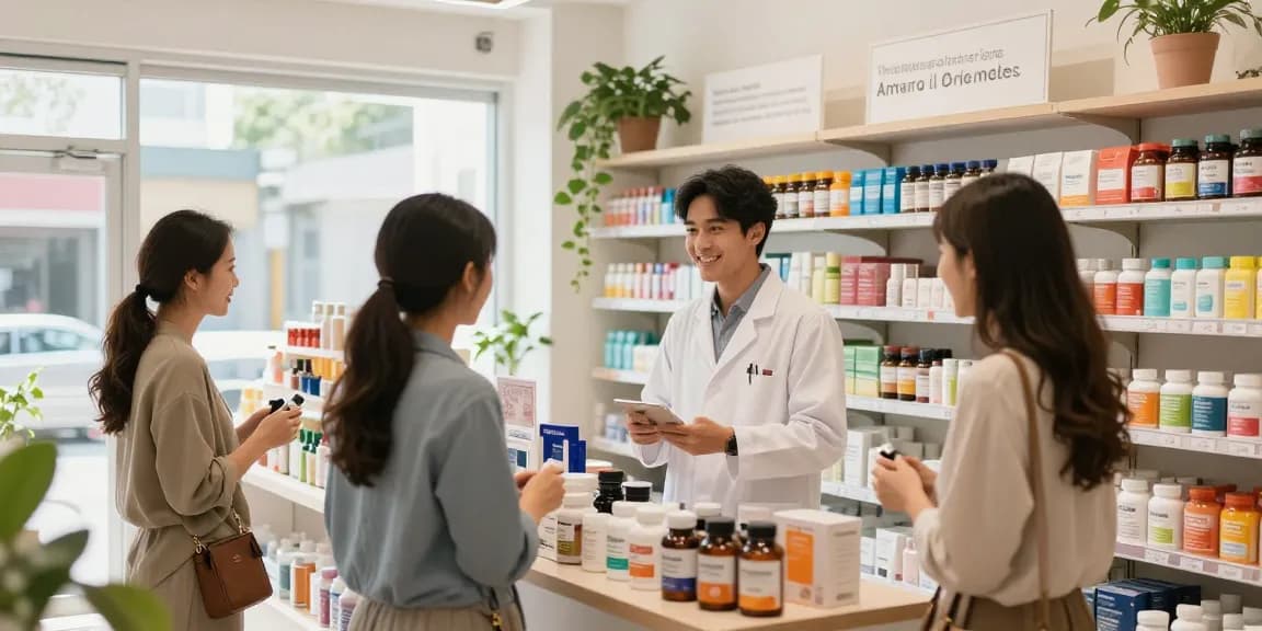 Medi Pharma Shop bietet Nahrungsergänzungsmittel und Hautpflege in einer einladenden Einkaufsumgebung an.