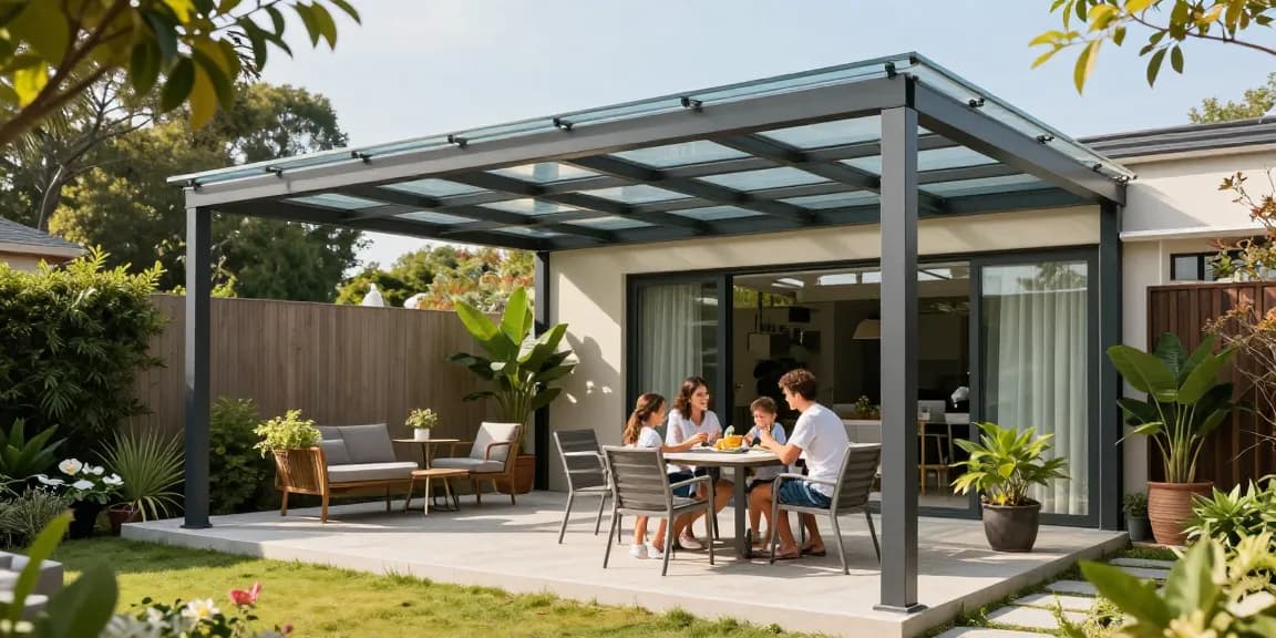 Freistehende Terrassenüberdachung mit Familie im Garten genießen Zeit zusammen