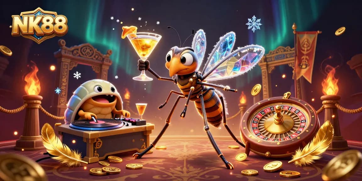 Win big with NK88 at an exciting casino scene featuring a vibrant 3D character lineup.