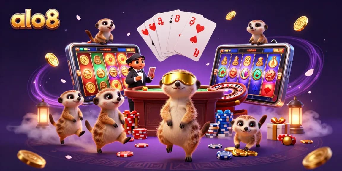Engage in thrilling gameplay at ALO8 with adorable meerkats running a colorful casino scene.