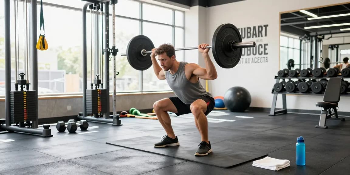 Aktiver Athlet im Selliza Shop mit Gewichten im modernen Fitnessstudio