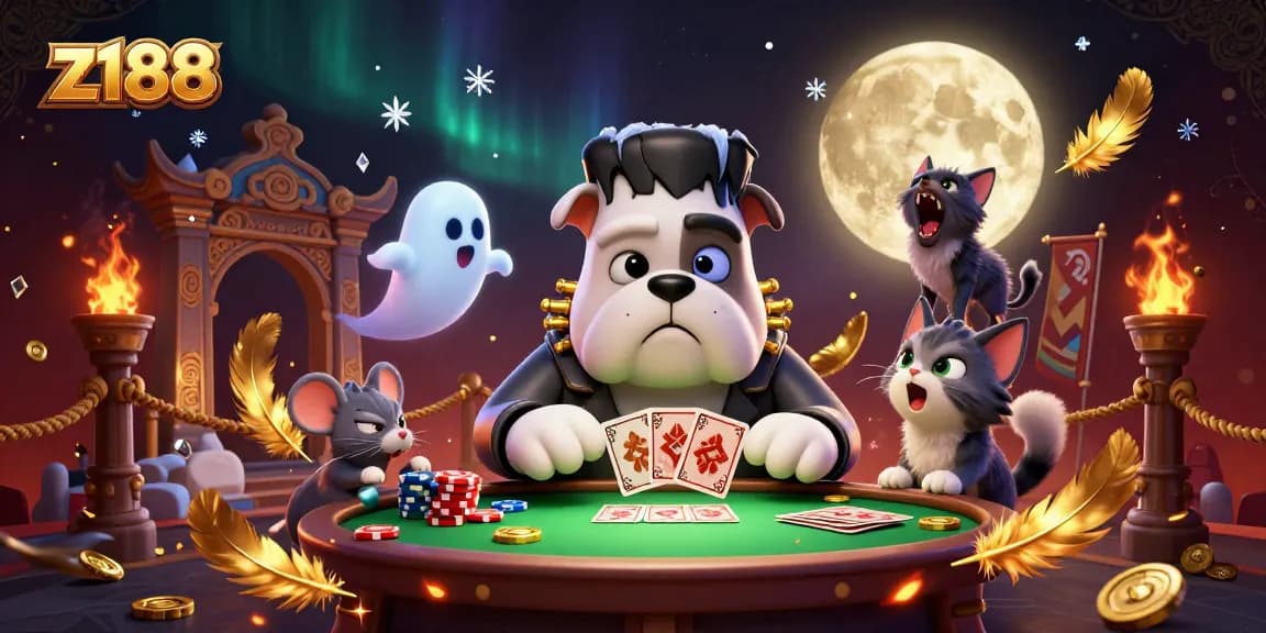 Engage with z188's thrilling casino experience, featuring a lively 3D cartoon scene with unique characters.