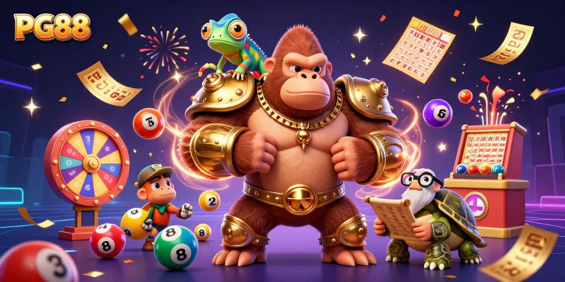 Play exciting games at PG88 with the gorilla king, chameleon, and tortoise in a vibrant casino setting.