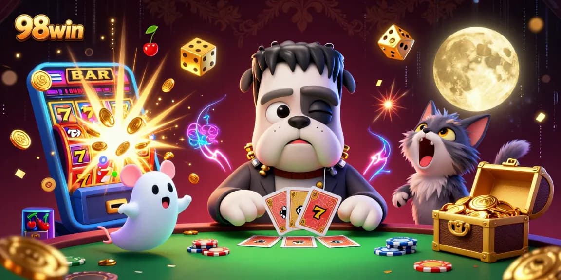 Experience the thrills of 98win casino with a vibrant 3D illustration showcasing dynamic characters and exciting game elements.