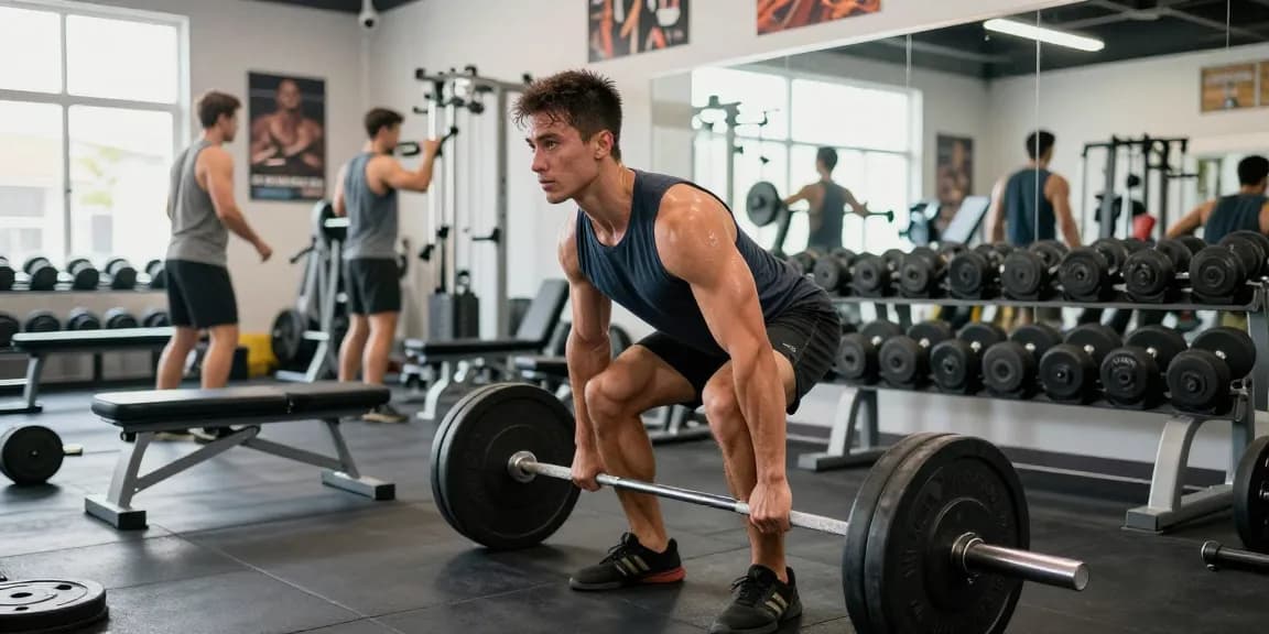 Prime Pharma Steroide in einer energiegeladenen Fitnessszene mit einem Bodybuilder, der Gewichte hebt, umgeben von Fitnessgeräten und motivierenden Elementen.