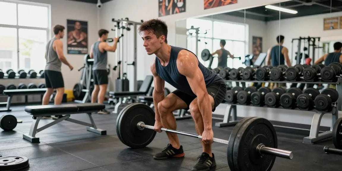 Prime Pharma Steroide in einer energiegeladenen Fitnessszene mit einem Bodybuilder, der Gewichte hebt, umgeben von Fitnessgeräten und motivierenden Elementen.
