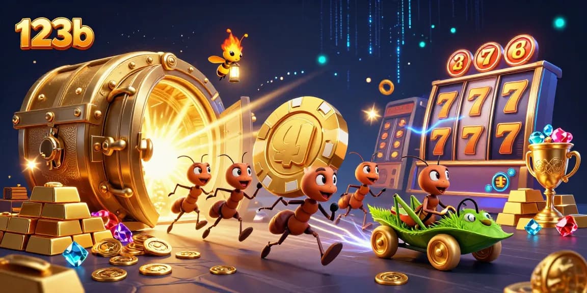123b ants heist illustration featuring a golden poker chip, vibrant casino elements, and dynamic action.