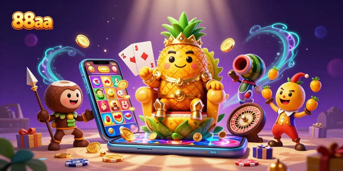 Experience vibrant casino adventure with the 88aa golden pineapple king and playful characters.