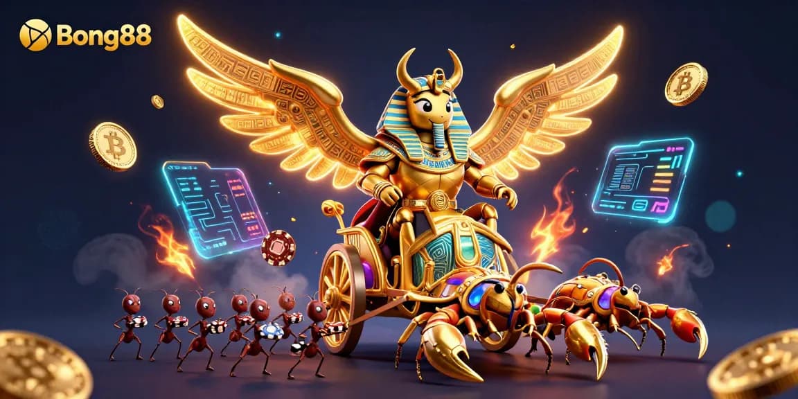 Bong88 features a golden beetle warrior in casino-themed illustration amidst vibrant crypto elements.